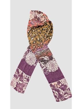Leopard Floral Oblong Scarf Purple Burgundy Brown Animal Print 5x58